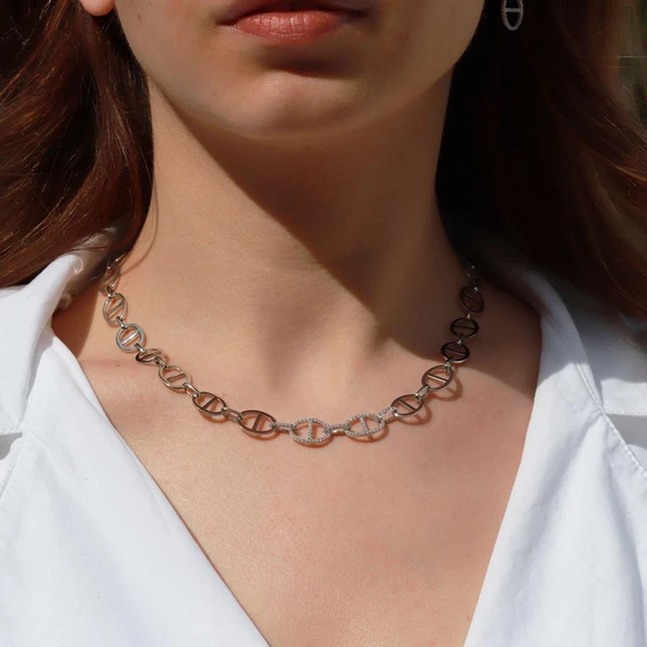 Trend Düğme Modeli Zirkon Taşlı Gümüş Kolye ürün görseli 1