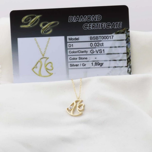Pırlanta Taş Balık 0.02 CT Gold Micron Kaplama Gümüş Kolye - Resim 2