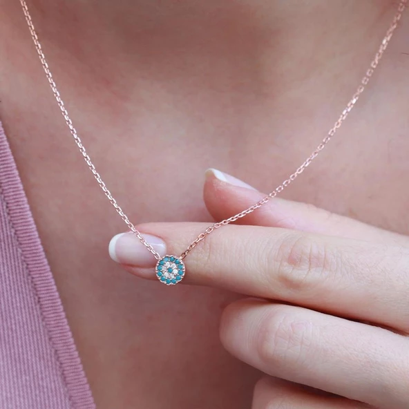 Nazar Boncuklu Zirkon Taşlı Rose Gold Kaplama Gümüş Kolye - Resim 2