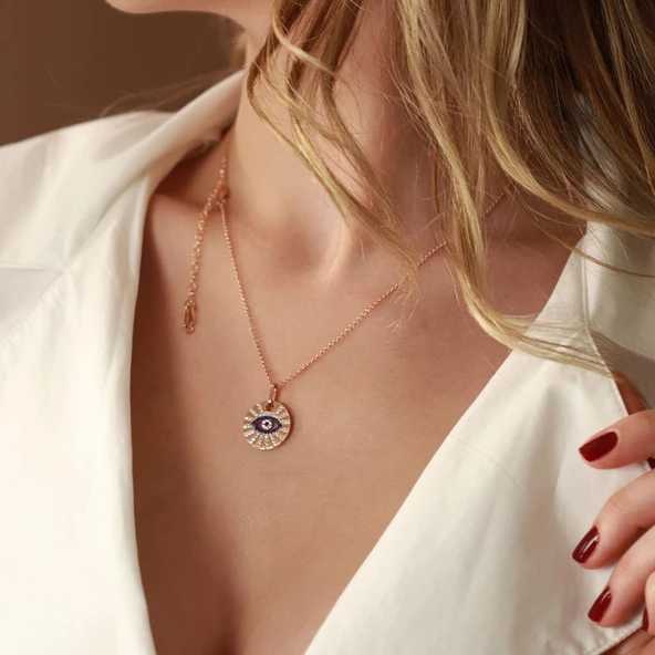Göz Model Zirkon Taşlı Rose Gold Kaplama Gümüş Kolye - Resim 2