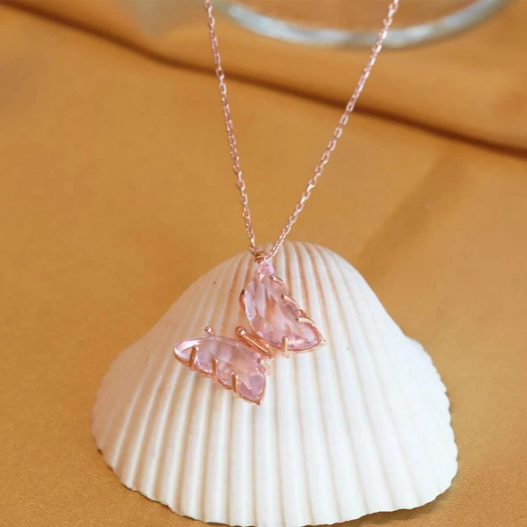 Pembe Kelebek Model Rose Gold Kaplama Zirkon Taşlı Gümüş Kolye - Resim 3