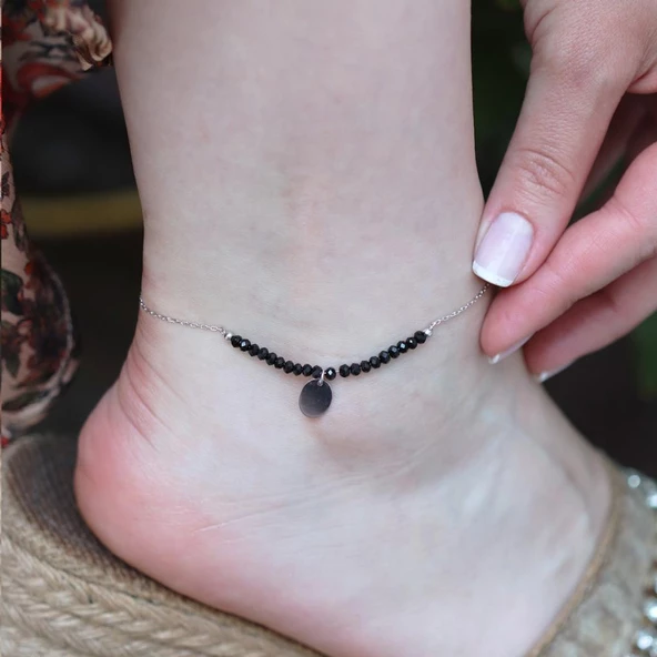 Oniks Taşlı Pul Gümüş Halhal - Resim 2