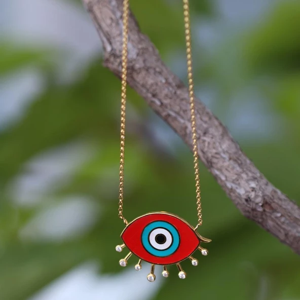 Mine İşli Kırmızı Göz Modeli Gold Kaplama Trend Gümüş Kolye - Resim 2