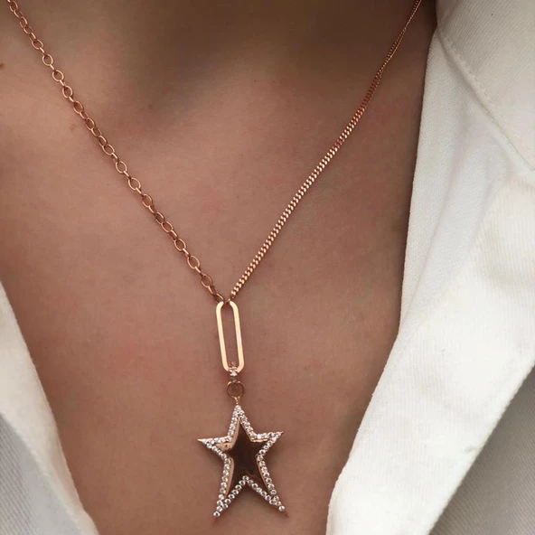 Yıldız Model Taşlı Rose Gold Kaplama Gümüş Kolye - Resim 3