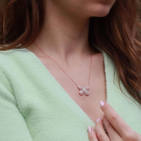 Kelebek Model Beyaz Zirkon Taşlı Rose Gold Kaplama Gümüş Kolye - Resim 2