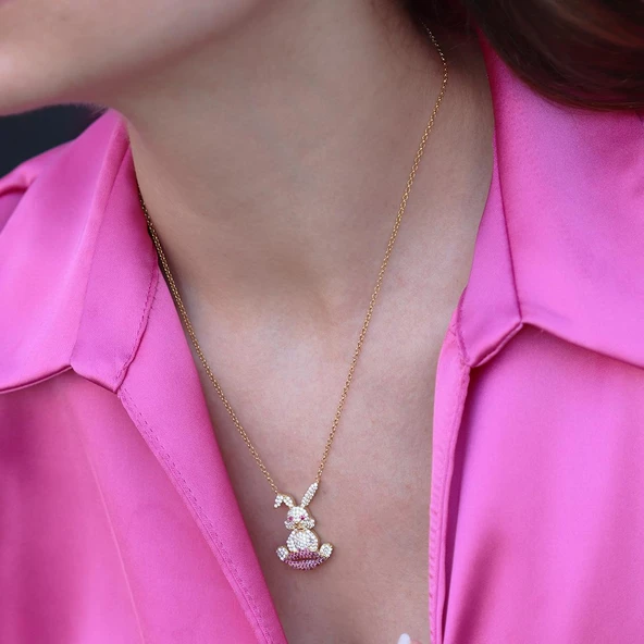 Zirkon Taşlı Gold Kaplama Asansörlü Bunny Gümüş Kolye - Resim 5