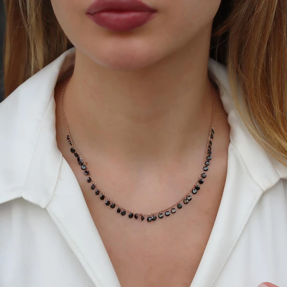 Sıra Siyah Zirkon Taş Rose Gold Kaplama Gümüş Kolye - Resim 3