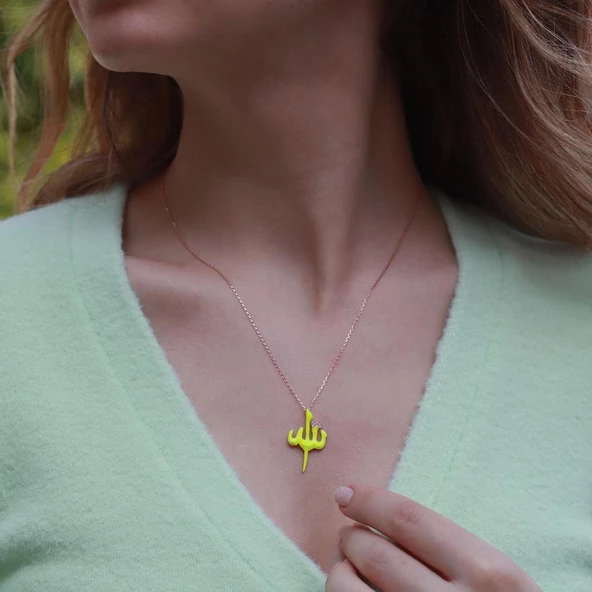 Allah Yazılı Sarı Mine İşli Mini Zirkon Taşlı Rose Gold Kaplama Gümüş Kolye - Resim 2