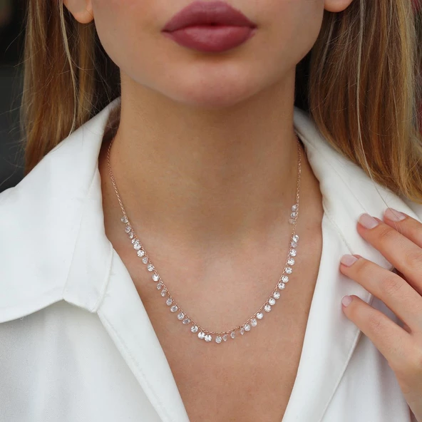 Rose Gold Kaplama Sıra Zirkon Taş Gümüş Kolye - Resim 2