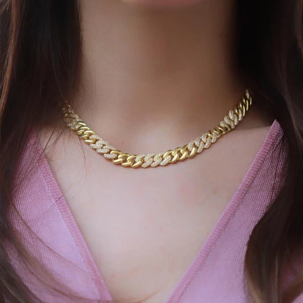 Gurmet Model Yarısı Zirkon Taşlı Gold Altın Kaplama Gümüş Gerdanlık - Resim 2