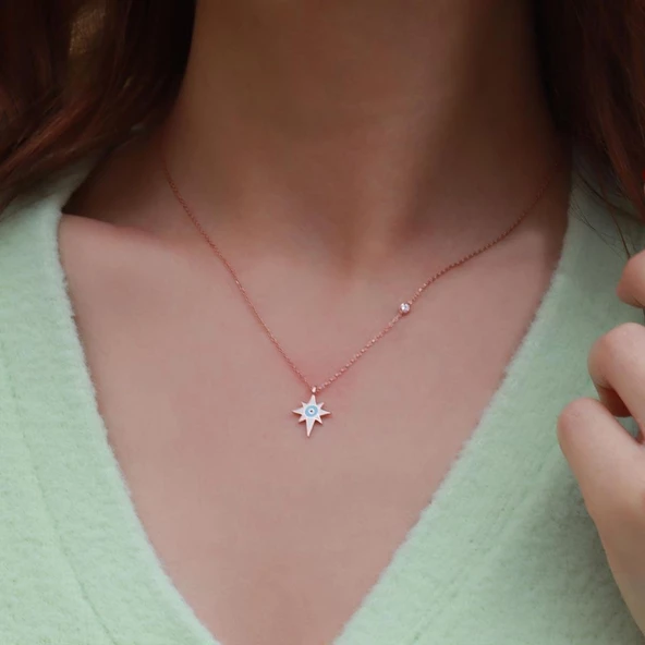 Kutup Yıldızı Figürlü Zirkon Taşlı Mine İşli Rose Gold Kaplama Gümüş Kolye - Resim 2