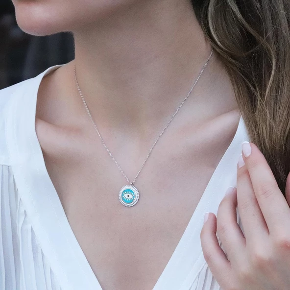 Göz Modeli Zirkon Taşlı Gümüş Kolye ürün görseli 1