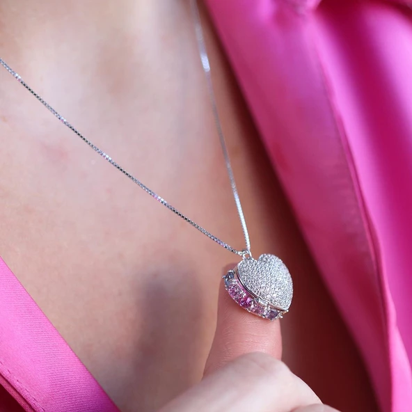 Renkli Zirkon Taşlı Açılır Kapanır Kalp Gümüş Kolye - Resim 3