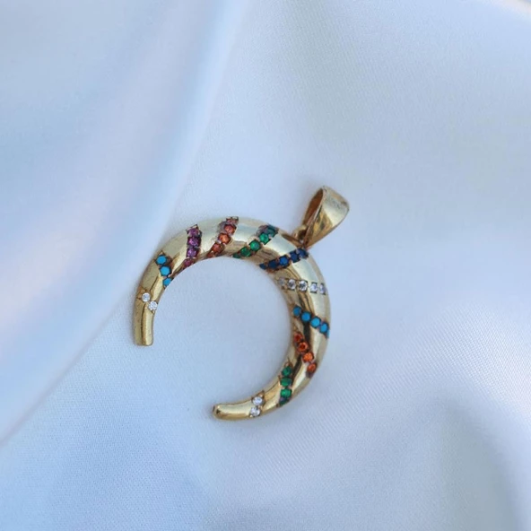 Renkli Zirkon Taşlı Hilal Modeli Önden Klipsli Gold Kaplama Zincir Gümüş Kolye - Resim 2