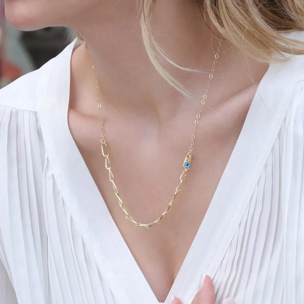 Burgu Model Tek Nazar Bocuklu Gold Kaplama Gümüş Hallow Kolye - Resim 4