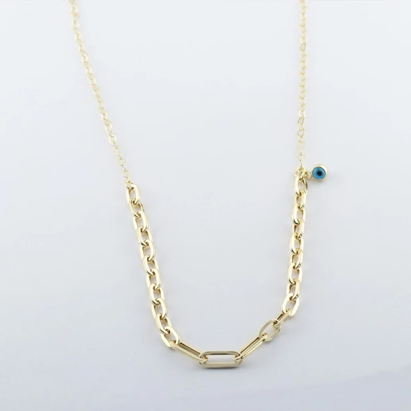 Tek Nazar Boncuklu Trend Zincirli Gold Kaplama Hallow Gümüş Kolye - Resim 4