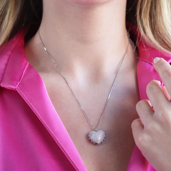 Renkli Zirkon Taşlı Açılır Kapanır Kalp Gümüş Kolye - Resim 2