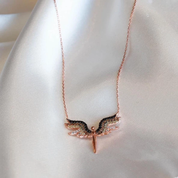 Sarı Siyah Zirkon Taşlı Mikail Meleği Rose Kaplama Gümüş Kolye ürün görseli 1