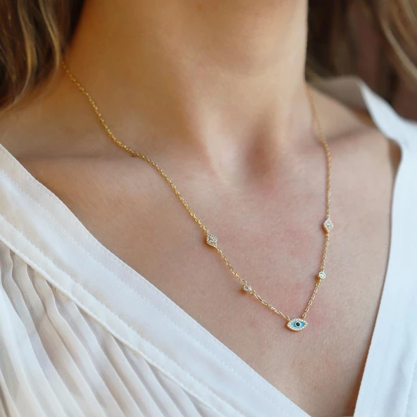 Mine İşli Göz Figürlü Gold Kaplama Trend Gümüş Kolye ürün görseli 1