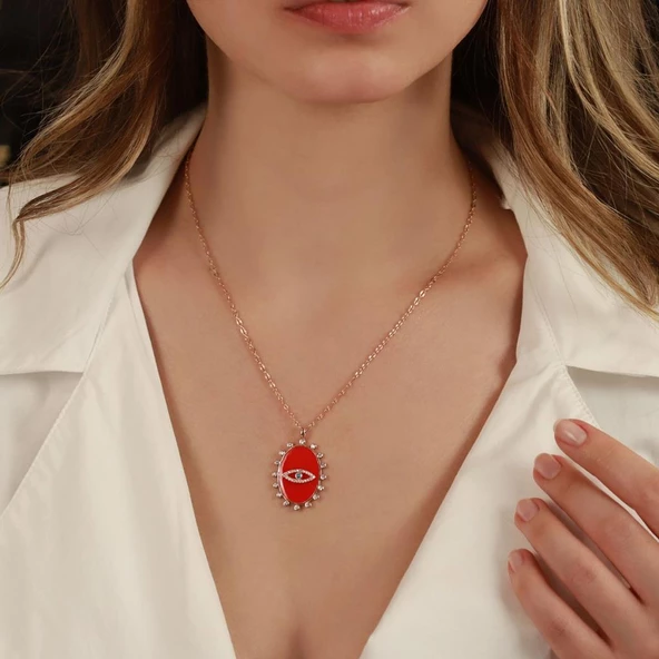 İtalyan Zincirli Mine Neon Kırmızı Taşlı Göz Kolye - Resim 2