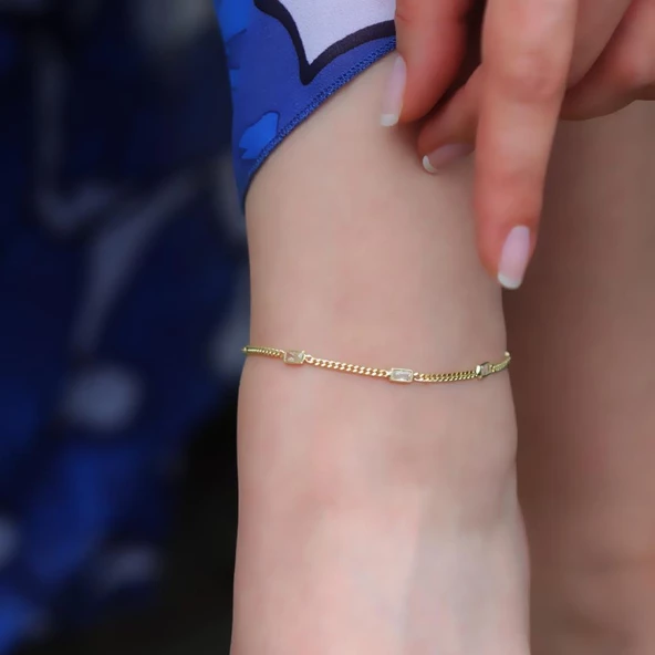 Dikdörtgen Zirkon Taşlı Gold Kaplama Gümüş Zincir Halhal - Resim 2