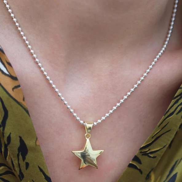 Gold Kaplama Yıldız Gümüş Kolye - Resim 3