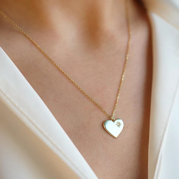 Pırlanta Taşlı 0.02 ct  Kalp Modeli Gold Micron Kaplama Gümüş Kolye - Resim 3