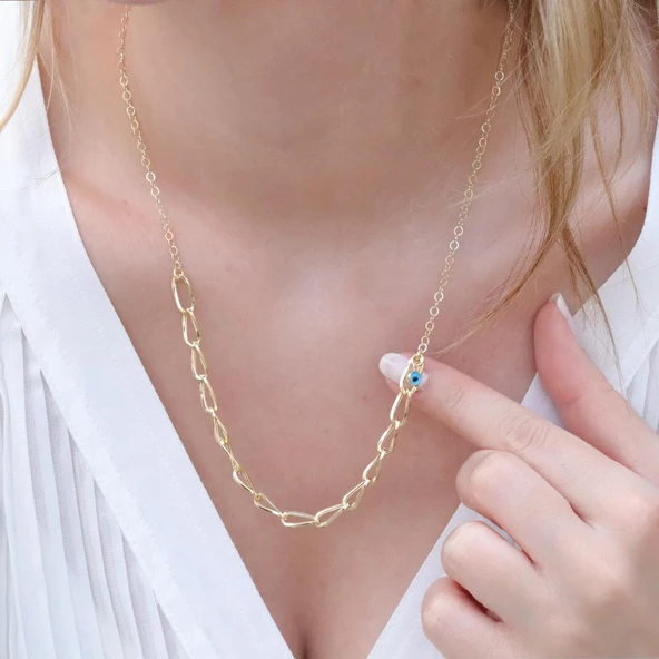 Burgu Model Tek Nazar Bocuklu Gold Kaplama Gümüş Hallow Kolye - Resim 3