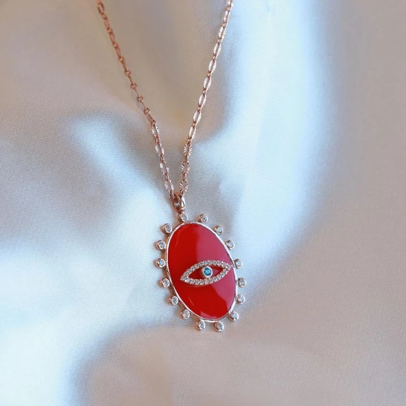 İtalyan Zincirli Mine Neon Kırmızı Taşlı Göz Kolye ürün görseli 1