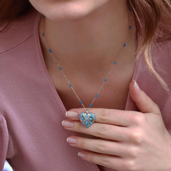 Nazar Boncuklu Mineli Kalpli Gümüş Kolye ürün görseli 1