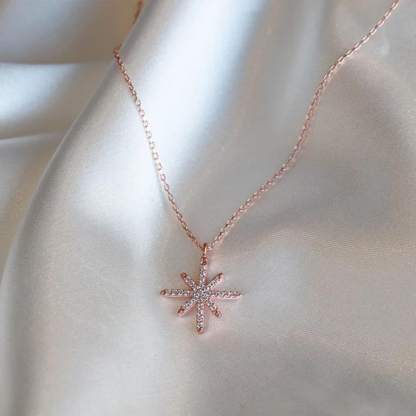 Zirkon Taşlı Kutup Yıldızı Rose Gold Kaplama Gümüş Kolye ürün görseli 1