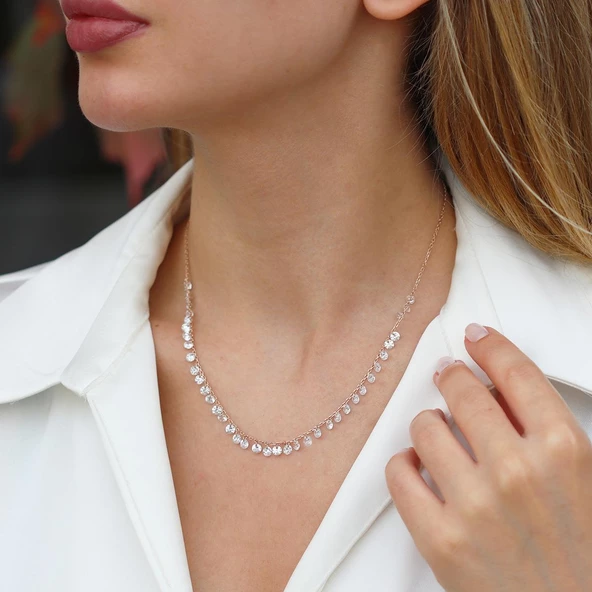 Rose Gold Kaplama Sıra Zirkon Taş Gümüş Kolye - Resim 3