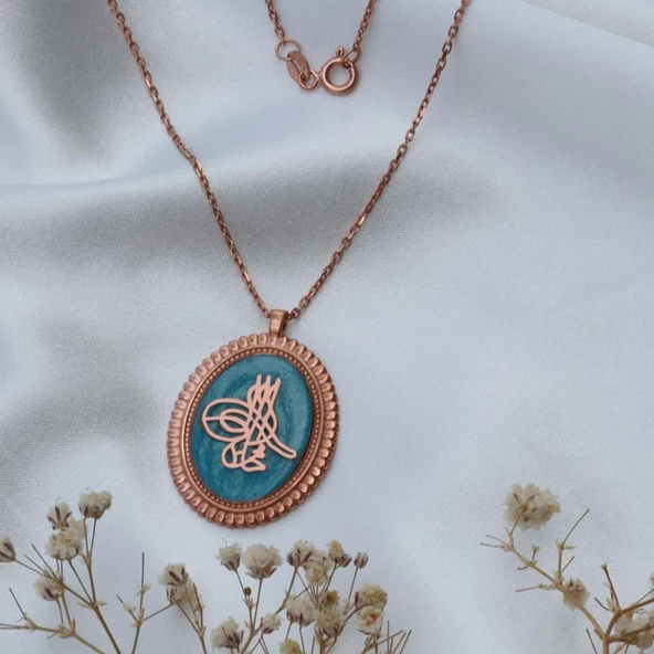 Mine İşli Osmanlı Tuğrası Rose Gold Kaplama Gümüş Kolye - Resim 2