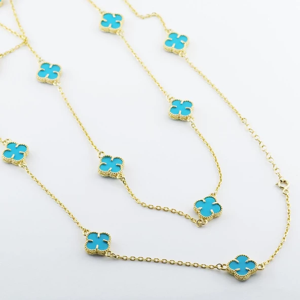 İkonik Alhambra Modeli Mavi Mine İşli Gold Kaplama Çift Dolamalı Gümüş Kolye - Resim 2