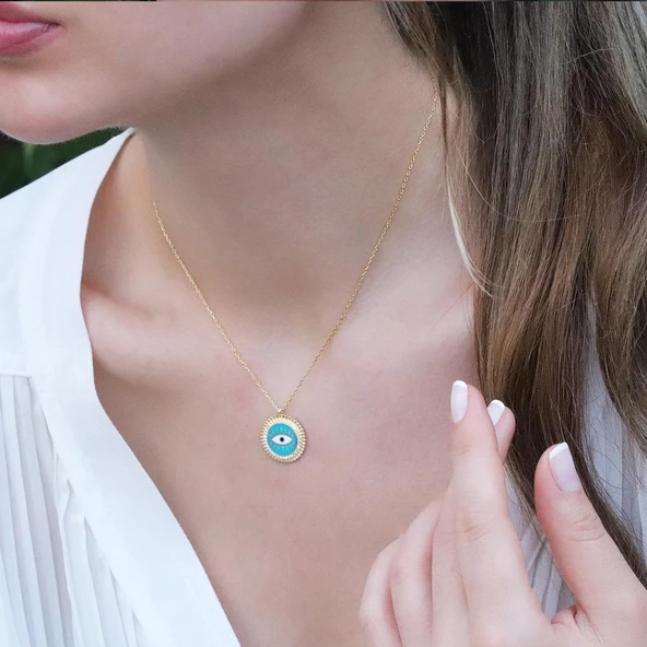 Göz Modeli Zirkon Taşlı Gold Kaplama Gümüş Kolye - Resim 2