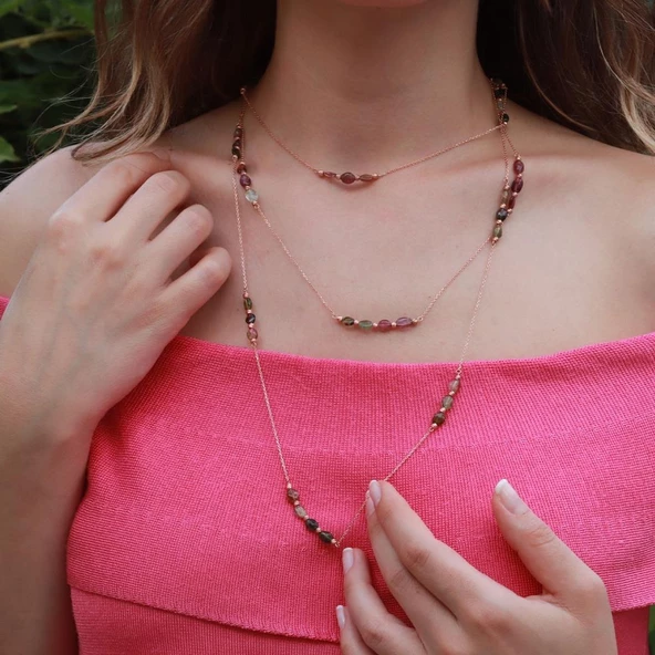 Turmalin Taşlı Dolamalı Rose Gold Gümüş Kolye ürün görseli 1