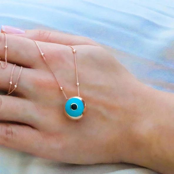 İtalyan Zincirde Nazar Boncuklu Gümüş Kolye - Resim 2