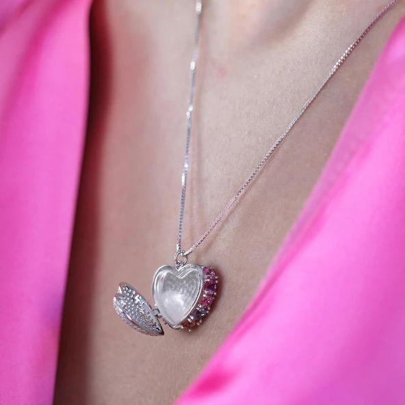 Renkli Zirkon Taşlı Açılır Kapanır Kalp Gümüş Kolye - Resim 4
