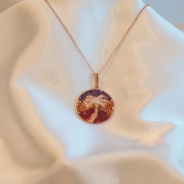 Renkli Zirkon Taşlı Palmiye Gold Kaplama Gümüş Kolye - Resim 2