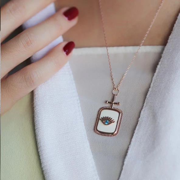Rose Kaplama Mine üzerine Zirkon Taşlı Göz Sembollü 925 Ayar Gümüş Kolye ürün görseli 1