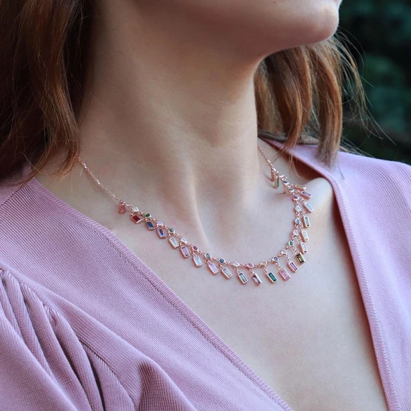 Renkli Zirkon Taşlı Rose Gold Kaplama Trend Gümüş Kolye ürün görseli 1