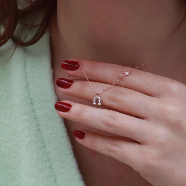 Şans Nalı Figürlü Zirkon Taşlı Mine İşli Rose Gold Kaplama Gümüş Kolye ürün görseli 1