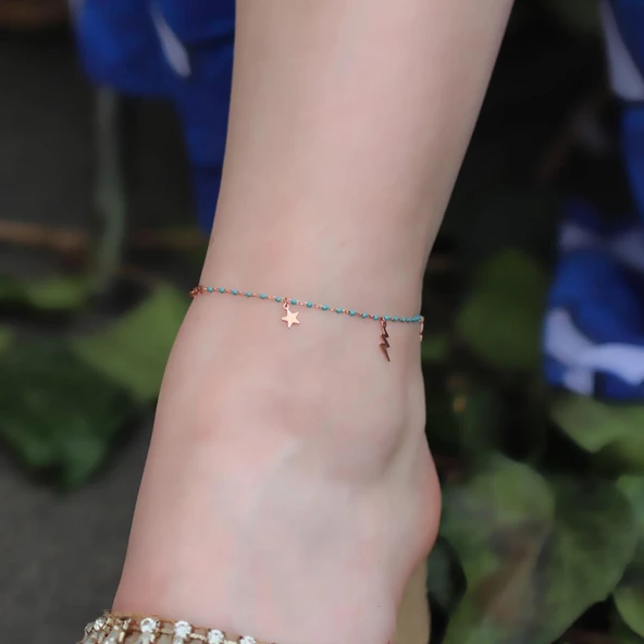 Mini Turkuaz Taşlı Figürlü Rose Gold Kaplama Gümüş Halhal - Resim 2