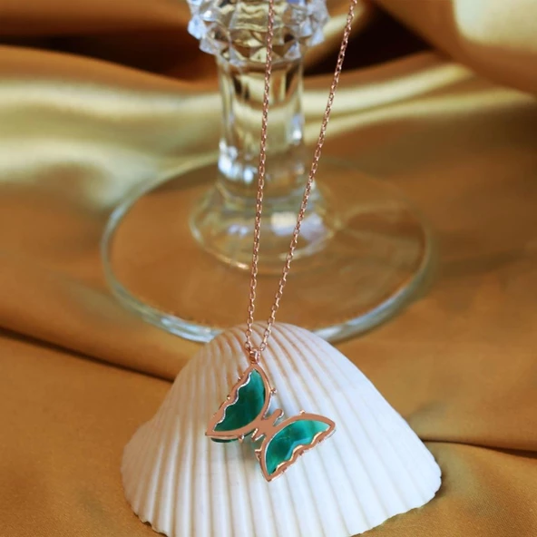 Yeşil Kelebek Model Rose Gold Kaplama Zirkon Taşlı Gümüş Kolye - Resim 2