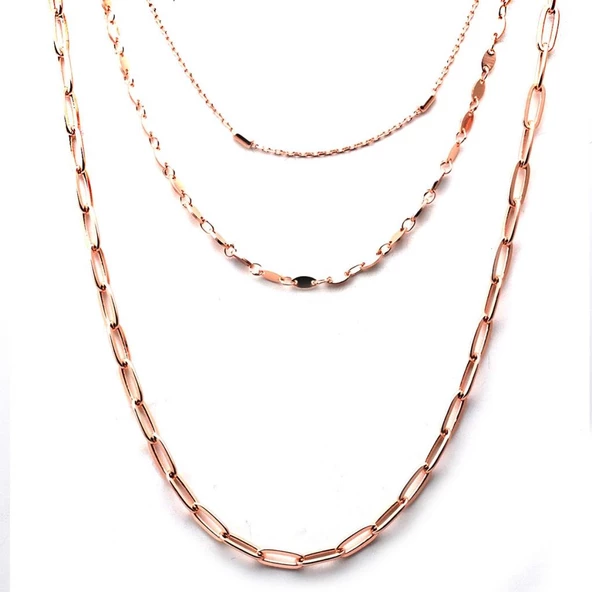 İtalyan Modeli 3 Zincir Rose Gold Taşsız Trend Kolye - Resim 2