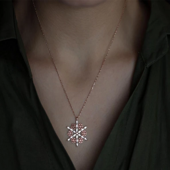 Rose Kaplama 925 Ayar Gümüş Kar Tanesi Kolye - Resim 2