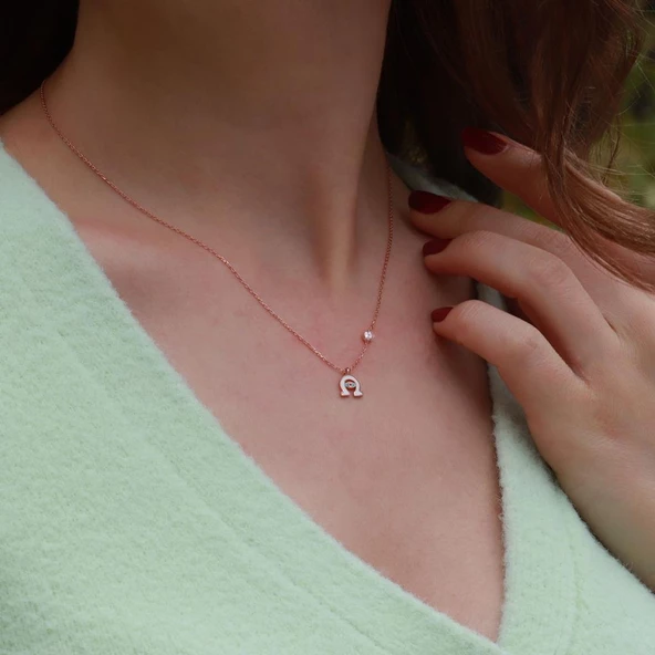 Şans Nalı Figürlü Zirkon Taşlı Mine İşli Rose Gold Kaplama Gümüş Kolye - Resim 2