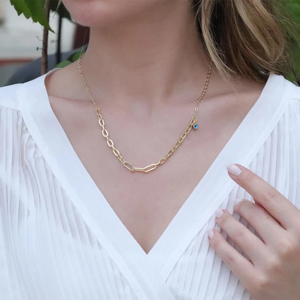 Tek Nazar Boncuklu Trend Zincirli Gold Kaplama Hallow Gümüş Kolye - Resim 2