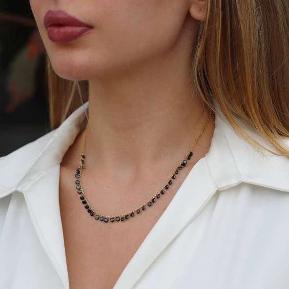 Sıra Siyah Zirkon Taş Gold Kaplama Gümüş Kolye - Resim 2