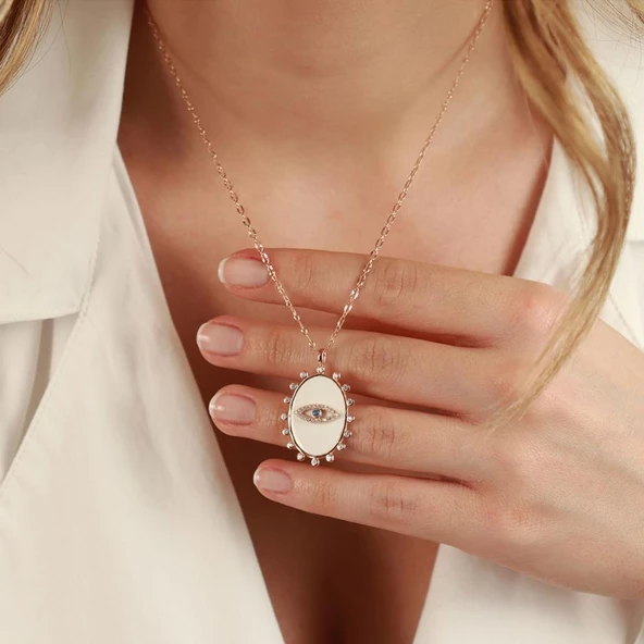 İtalyan Zincirli Mine Neon Beyaz Taşlı Göz Kolye - Resim 2